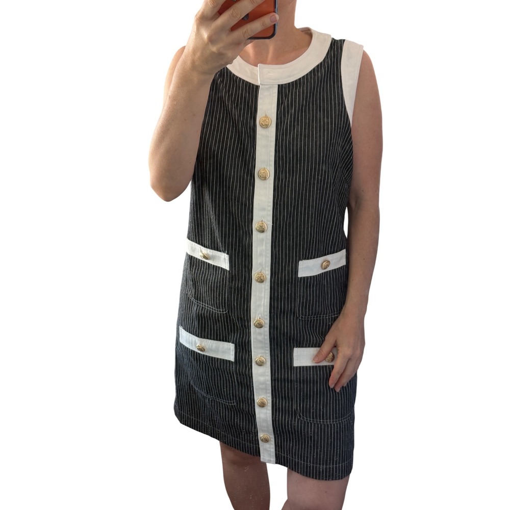 Pomander Place Womens Black Pinstripe Gold Button Mini Dress Small NWT Classic
